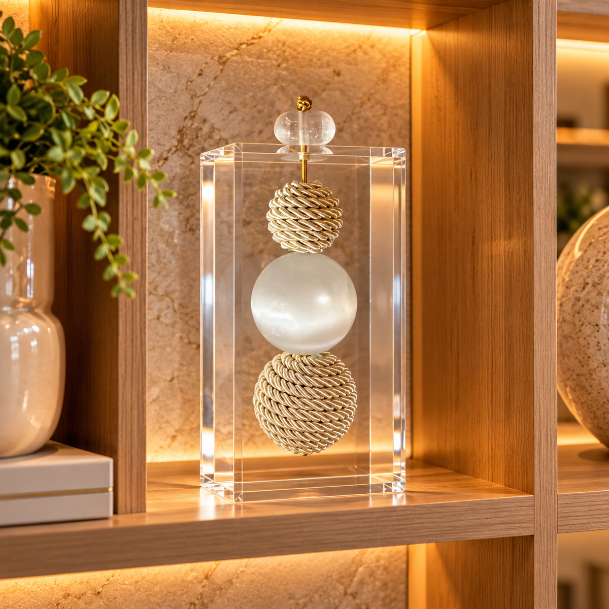 Caixa decorativa de acrílico de Esfera de Fio de Macrame e Selenita.