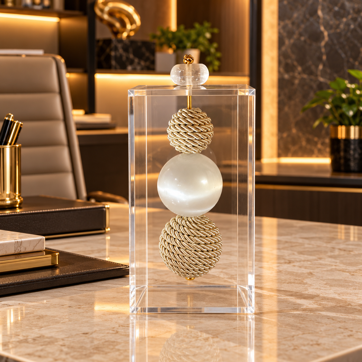 Caixa decorativa de acrílico de Esfera de Fio de Macrame e Selenita.