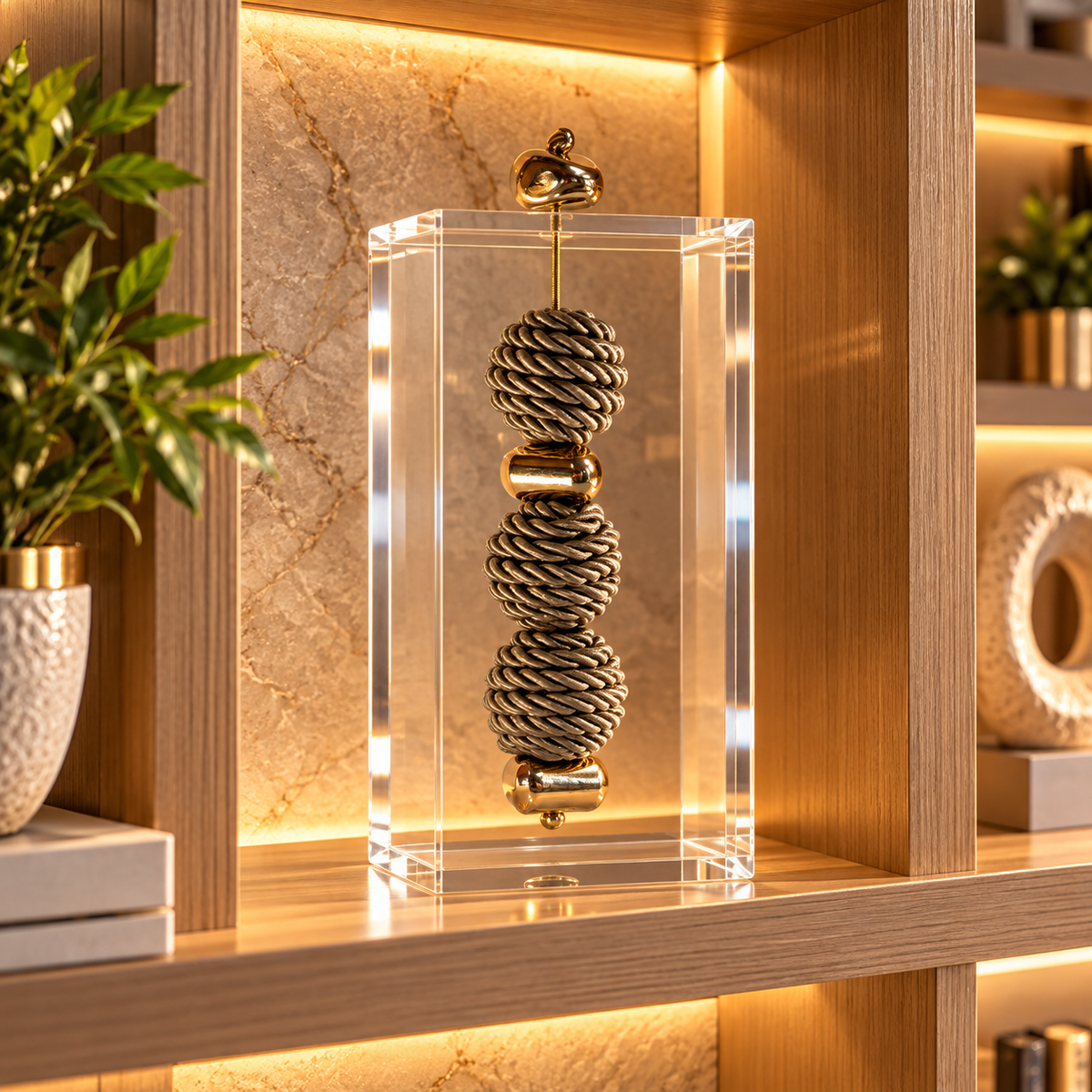 Caixa decorativa de acrílico de Esfera de Fio de Macrame e Pedra Banhada.