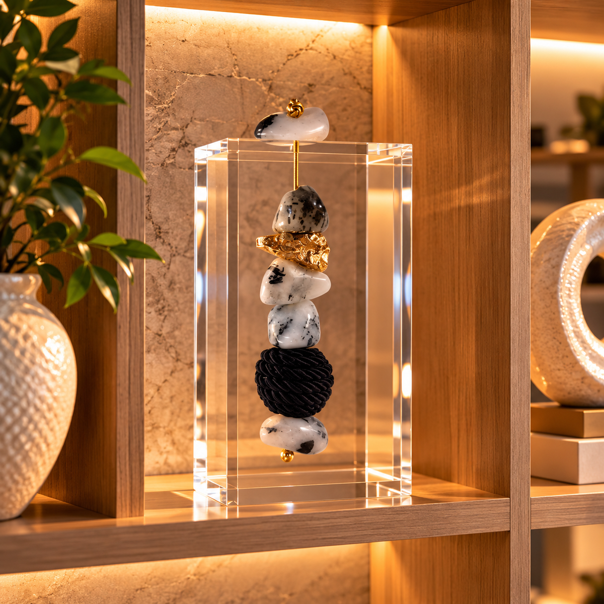 Caixa decorativa de acrílico de Quartzo Turmalinado e Esfera de Fio de Macrame.