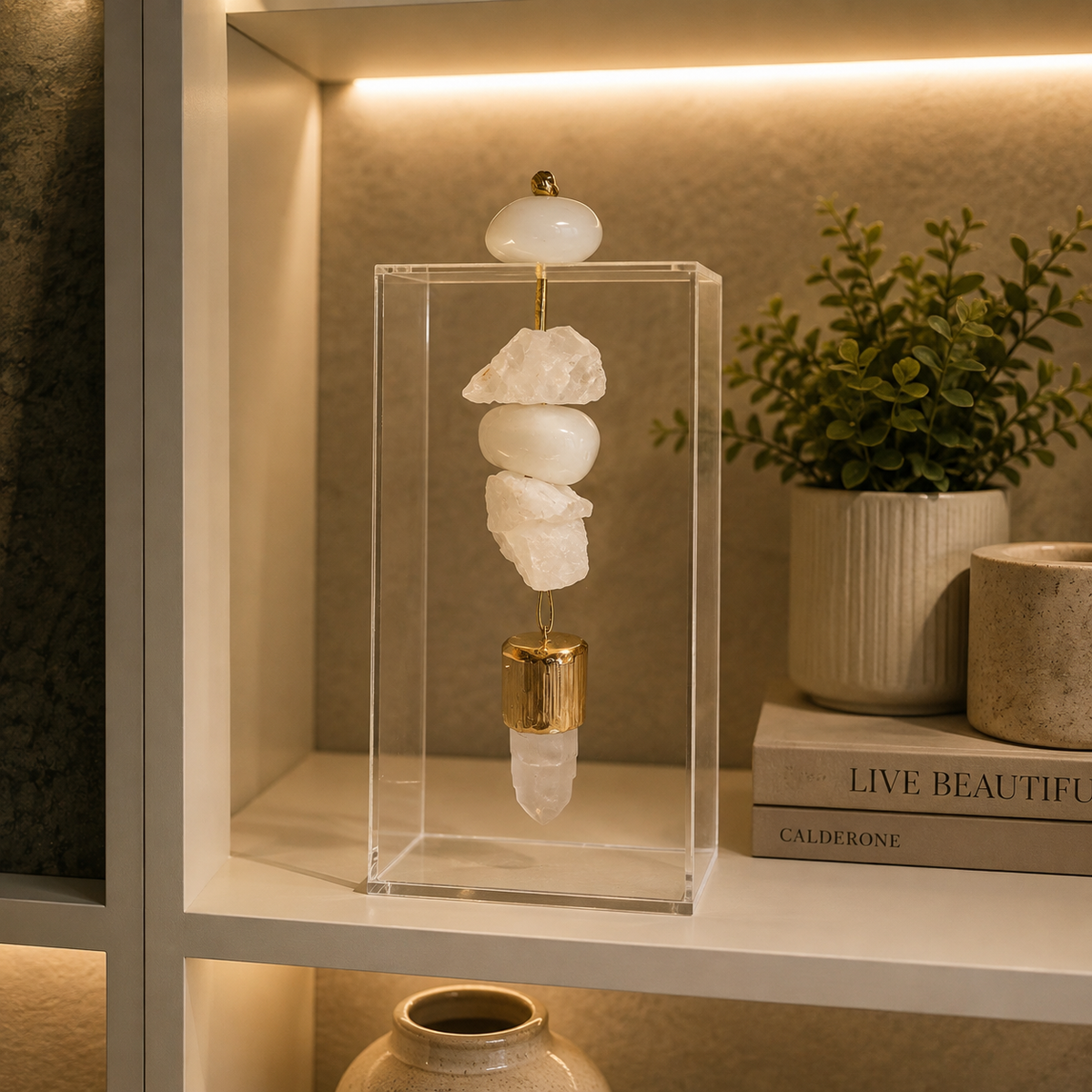 Caixa de Acrílico Decorativa Com Pedra Natural - Quartzo Branco com torre de Selenita banhada.