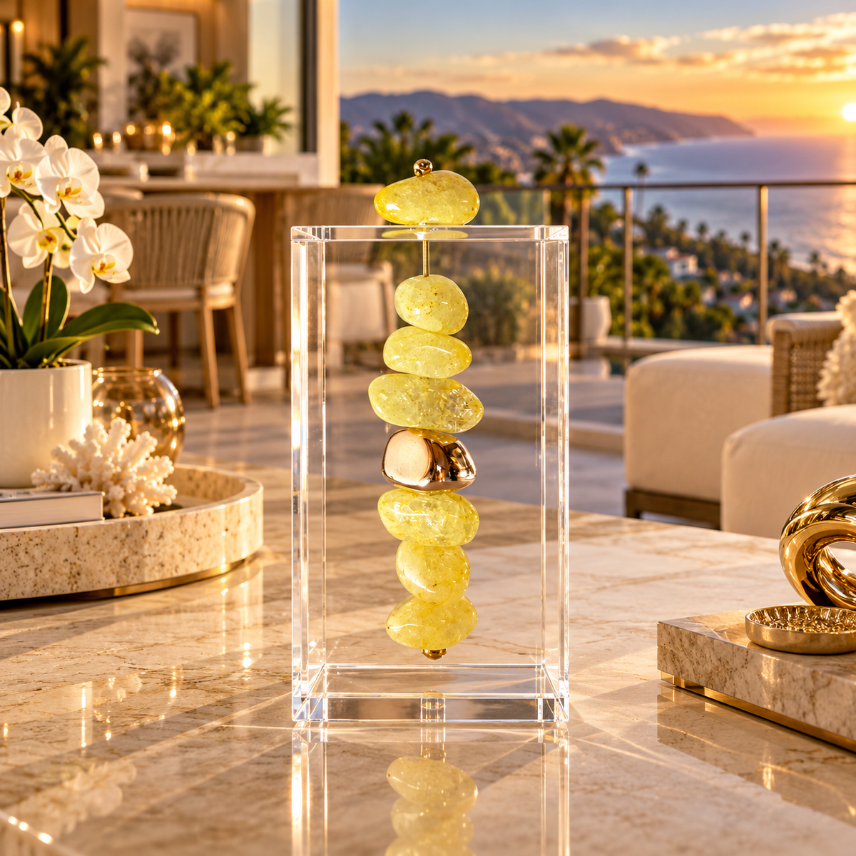 Caixa decorativa de acrílico de Cristal Amarelo e Pedra Banhada.