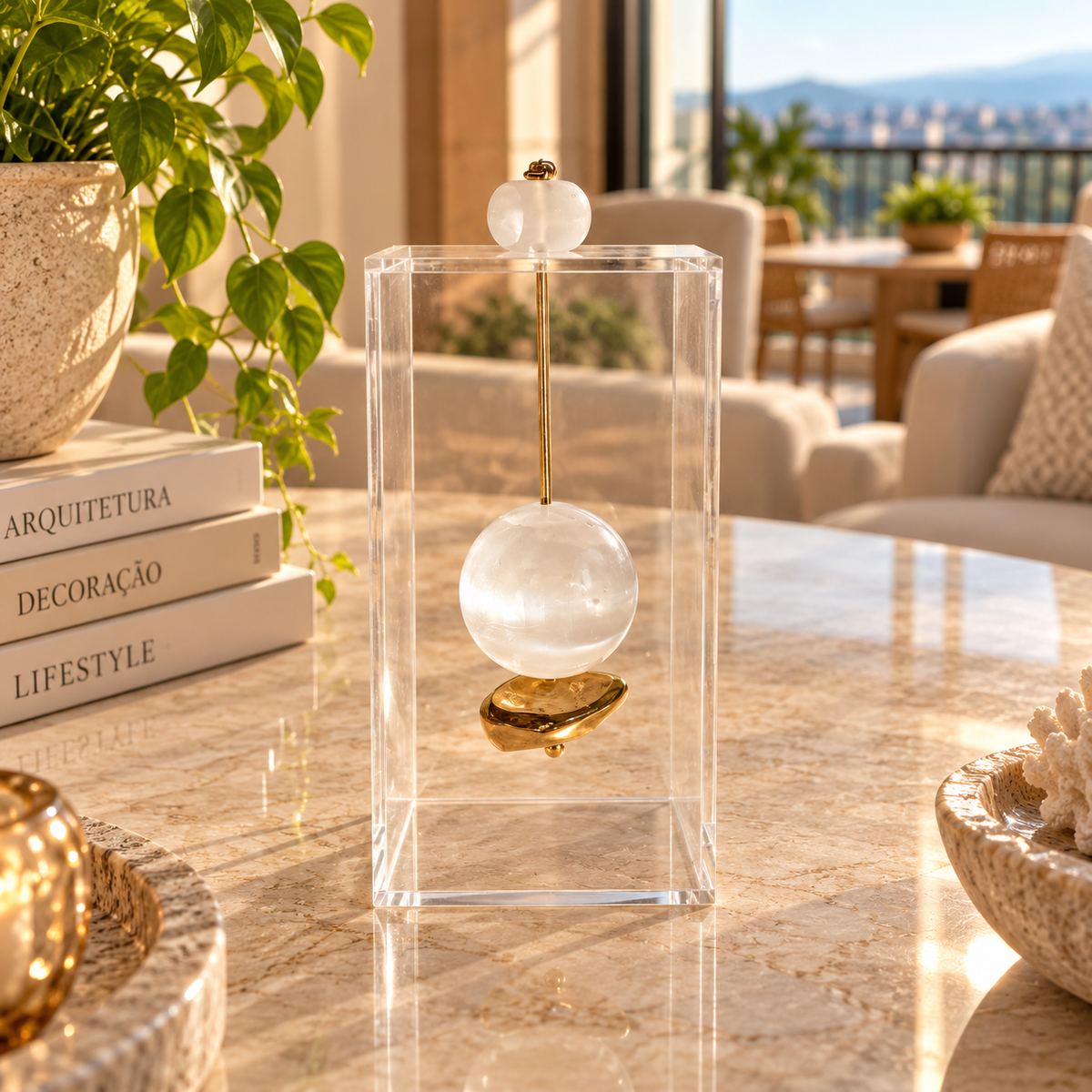 Caixa decorativa de acrílico de Esfera de Selenita e Banhada.