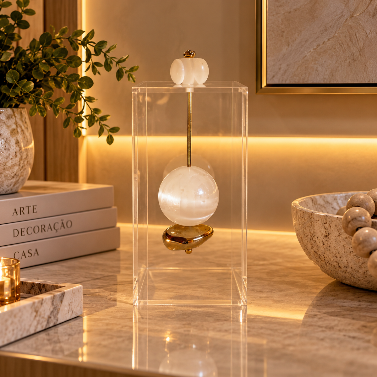 Caixa decorativa de acrílico de Esfera de Selenita e Banhada.
