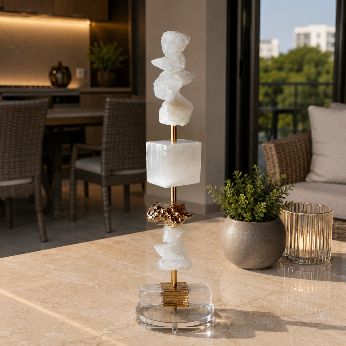 Escultura Decorativa de Selenita com Quartzo Branco Bruto.