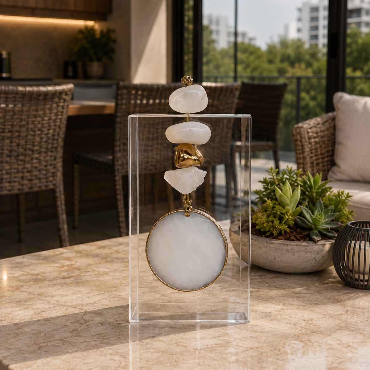 Caixa decorativa de acrílico de Quartzo Branco e Ponteira de Selenita.