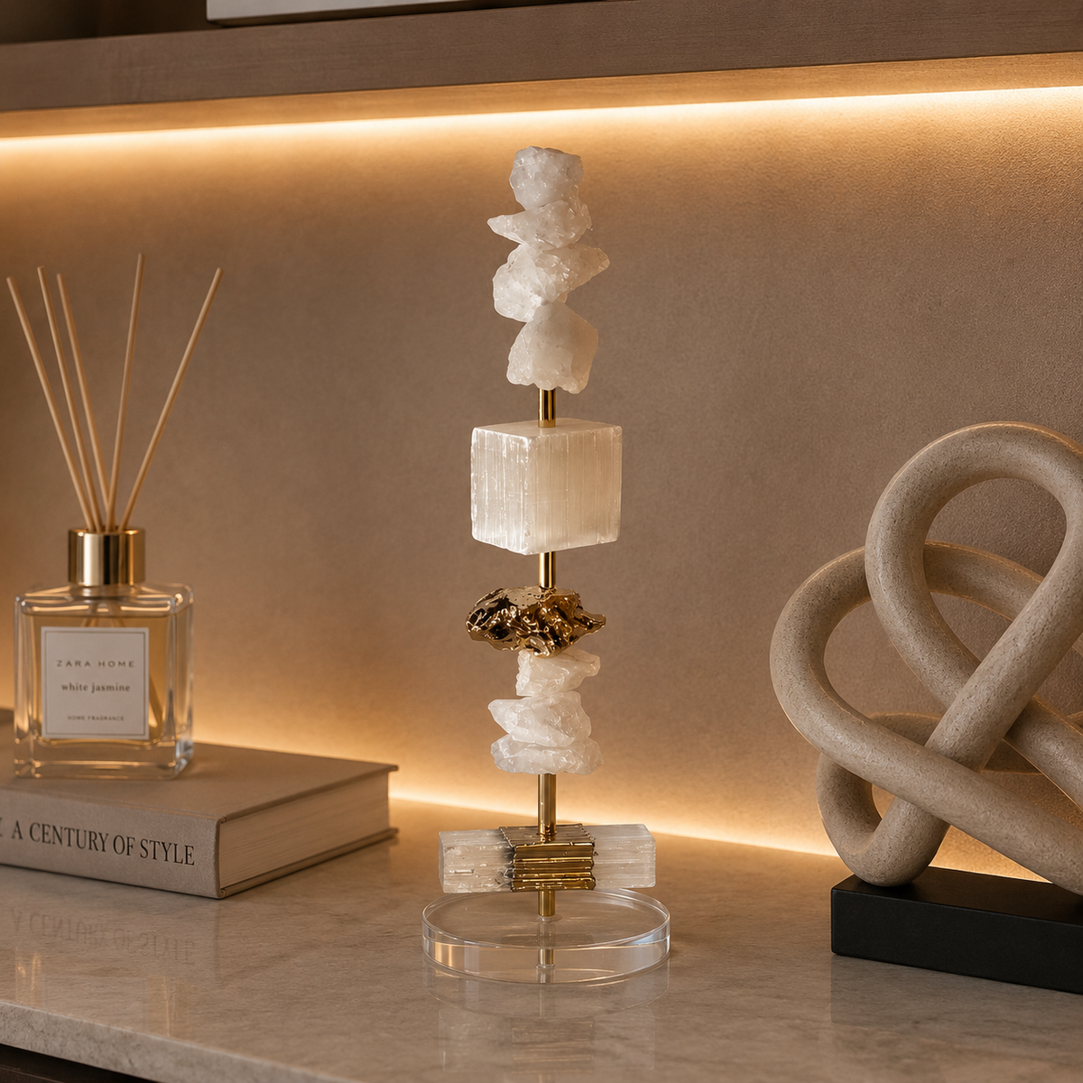 Escultura Decorativa de Selenita com Quartzo Branco Bruto.