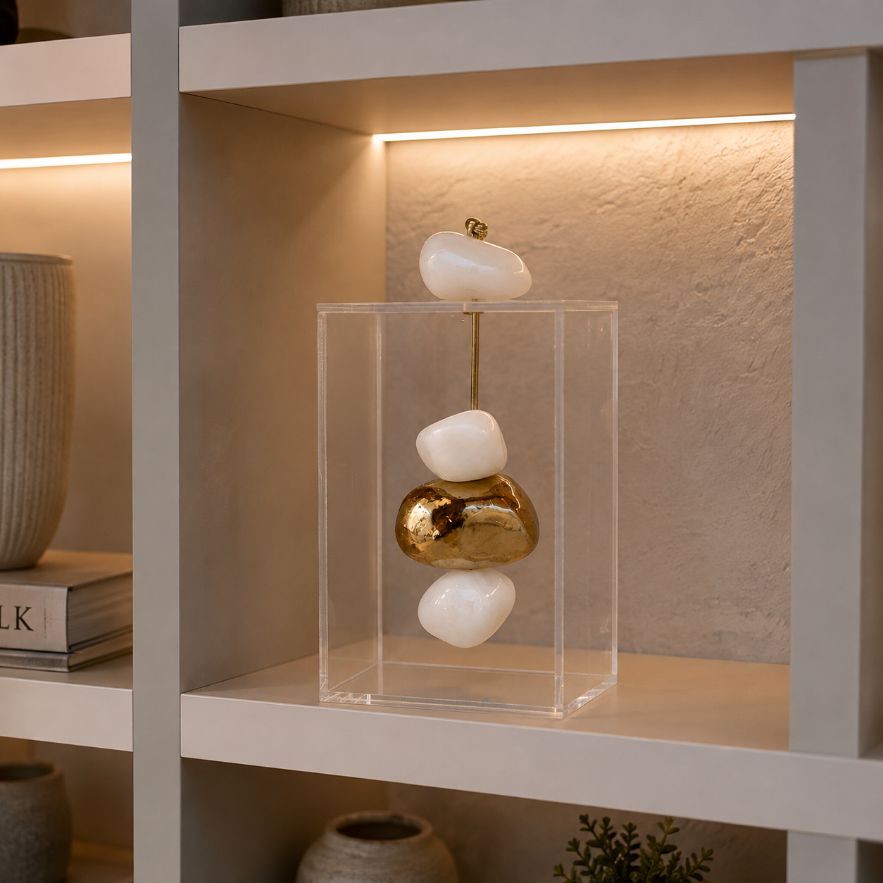 Caixa decorativa de acrílico de Quartzo Branco e Banhada.