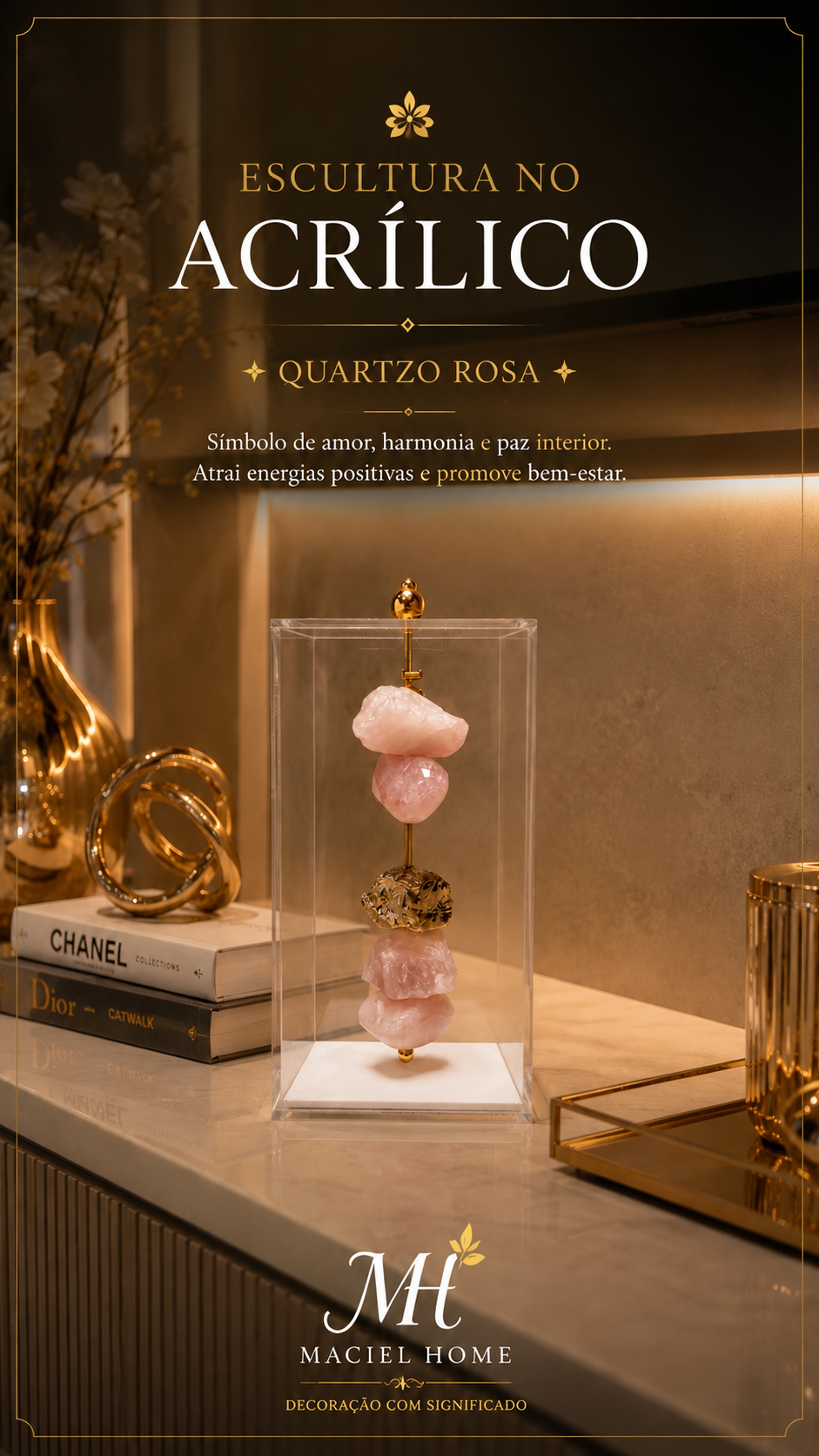 Caixa de Acrílico Decorativa Com Pedra Natural - Quartzo Rosa com dourado.