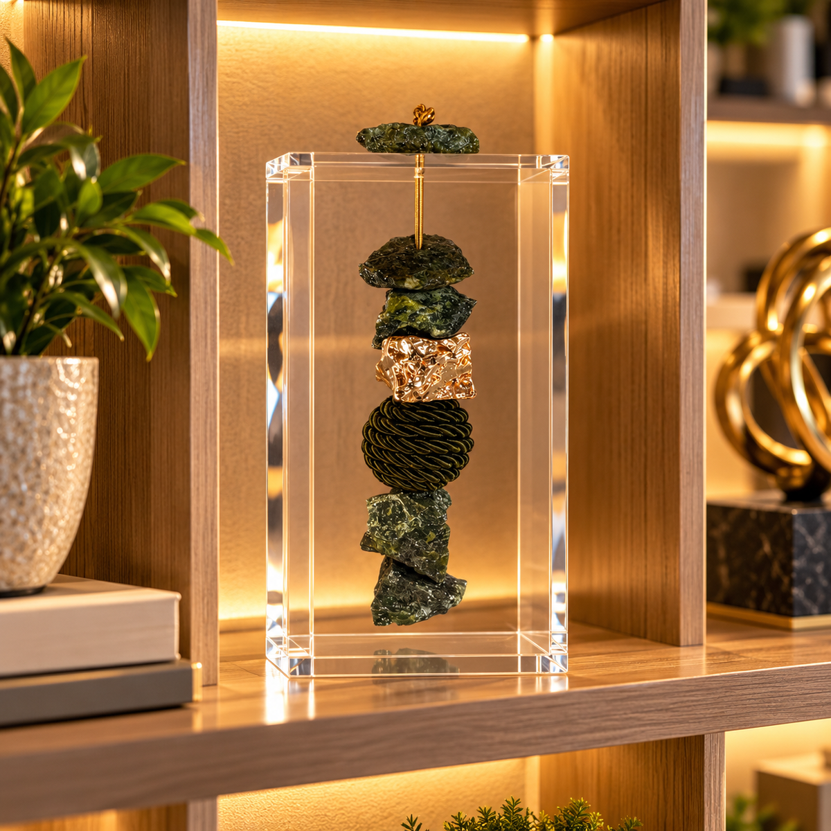 Caixa decorativa de acrílico de Serpentinita, Banhada e Esfera de Macrame.