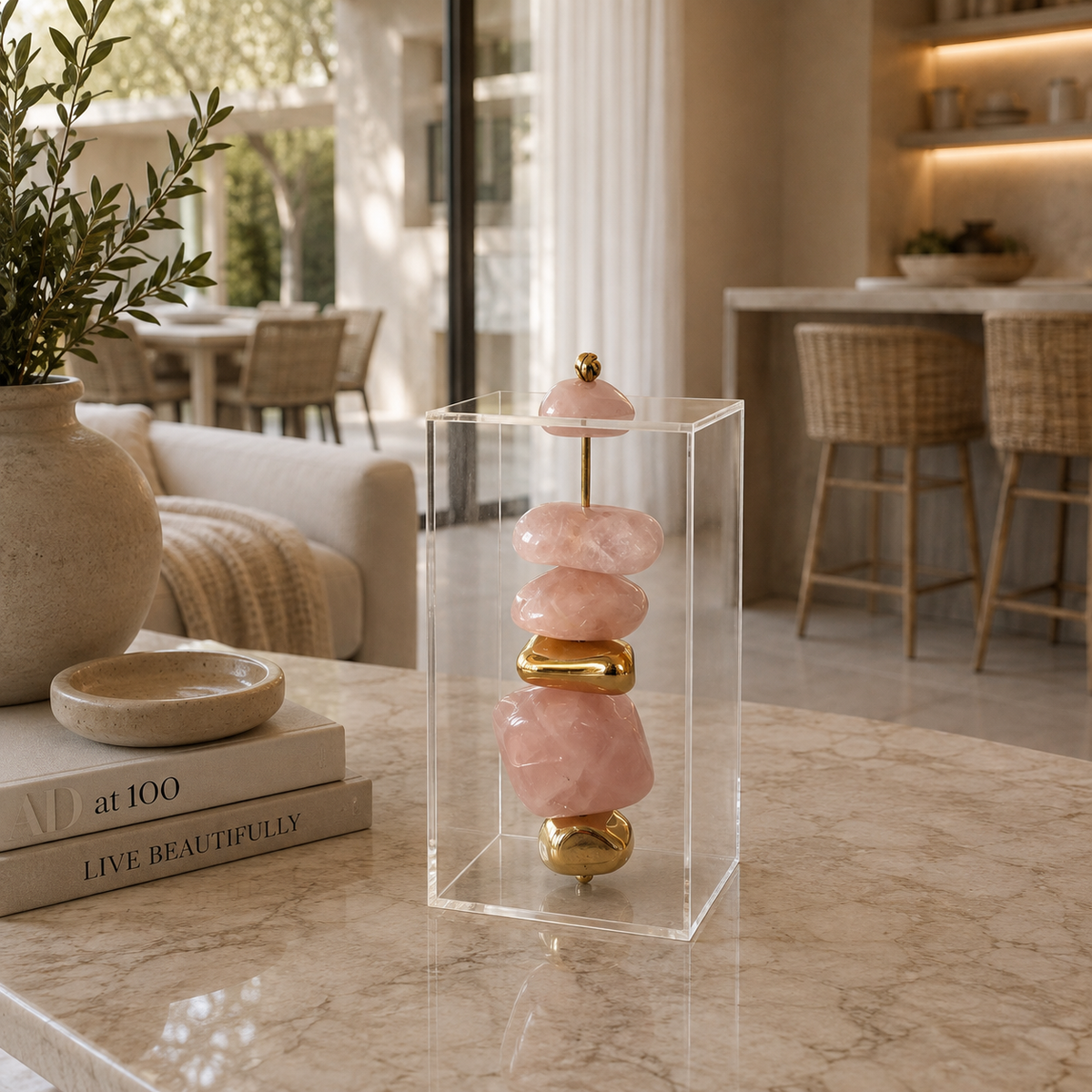 Caixa decorativa de acrílico de Quartzo Rosa e Banhada.