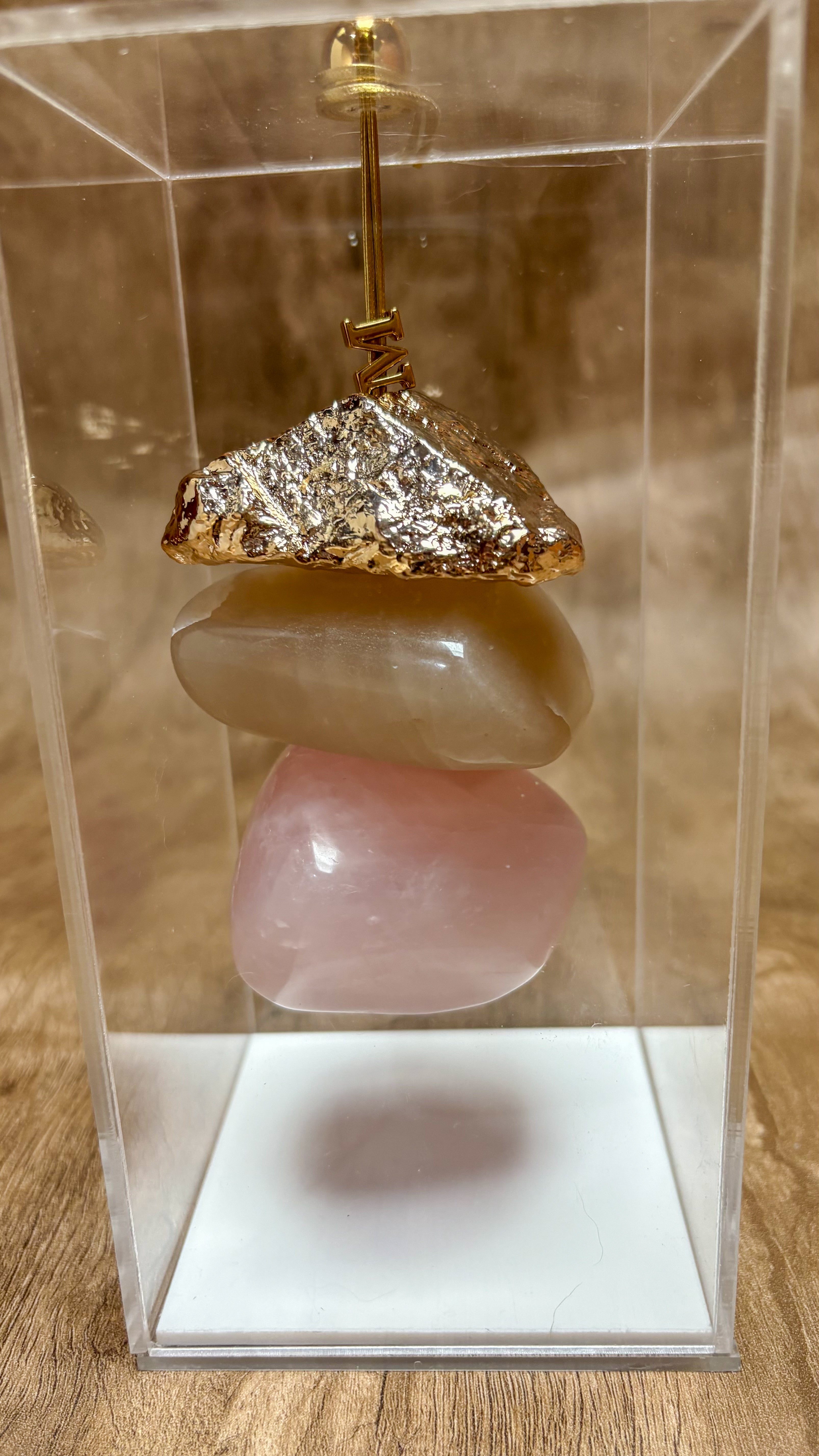 Caixa de Acrílico Decorativa Com Pedra Natural - Quartzo Rosa e Aragonita