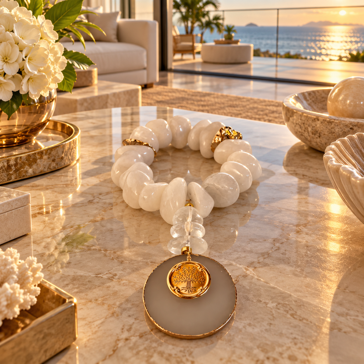 Colar de Mesa Ivy - Quartzo Branco com Selenita e medalha da Árvore da Família.