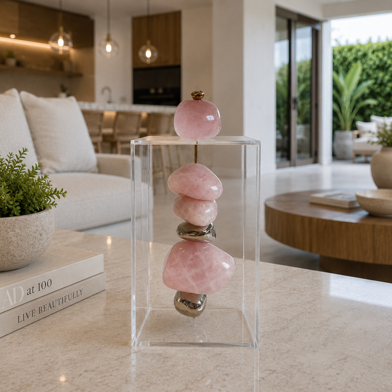 Caixa decorativa de acrílico de Quartzo Rosa e Banhada.