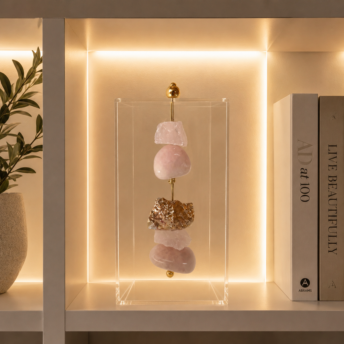 Caixa de Acrílico Decorativa Com Pedra Natural - Quartzo Rosa com Pedra Banhada.