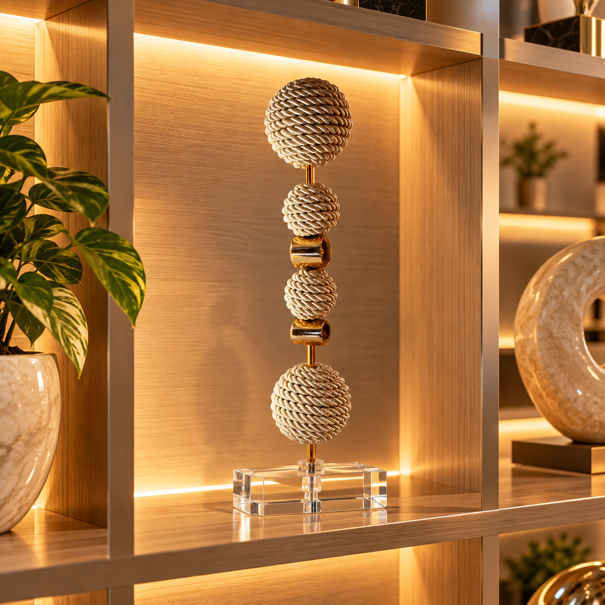 Escultura Decorativa de Esfera com fio de Macrame com Pedra Banhada.