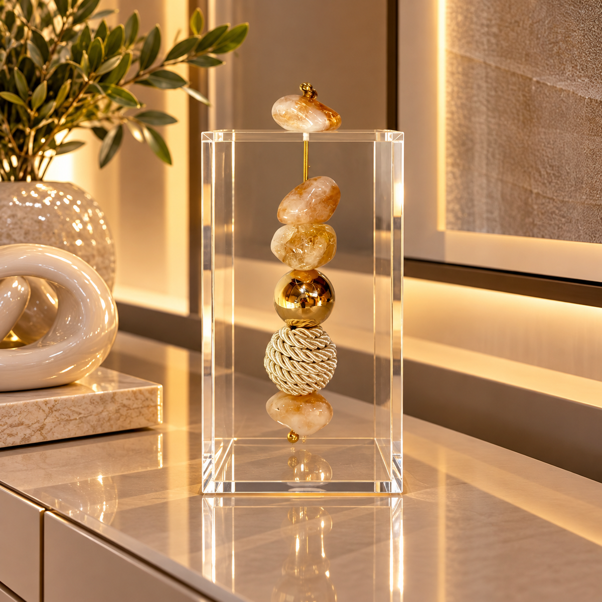 Caixa decorativa de acrílico de Citrino, Esfera Banhada e com Fio de Macrame.