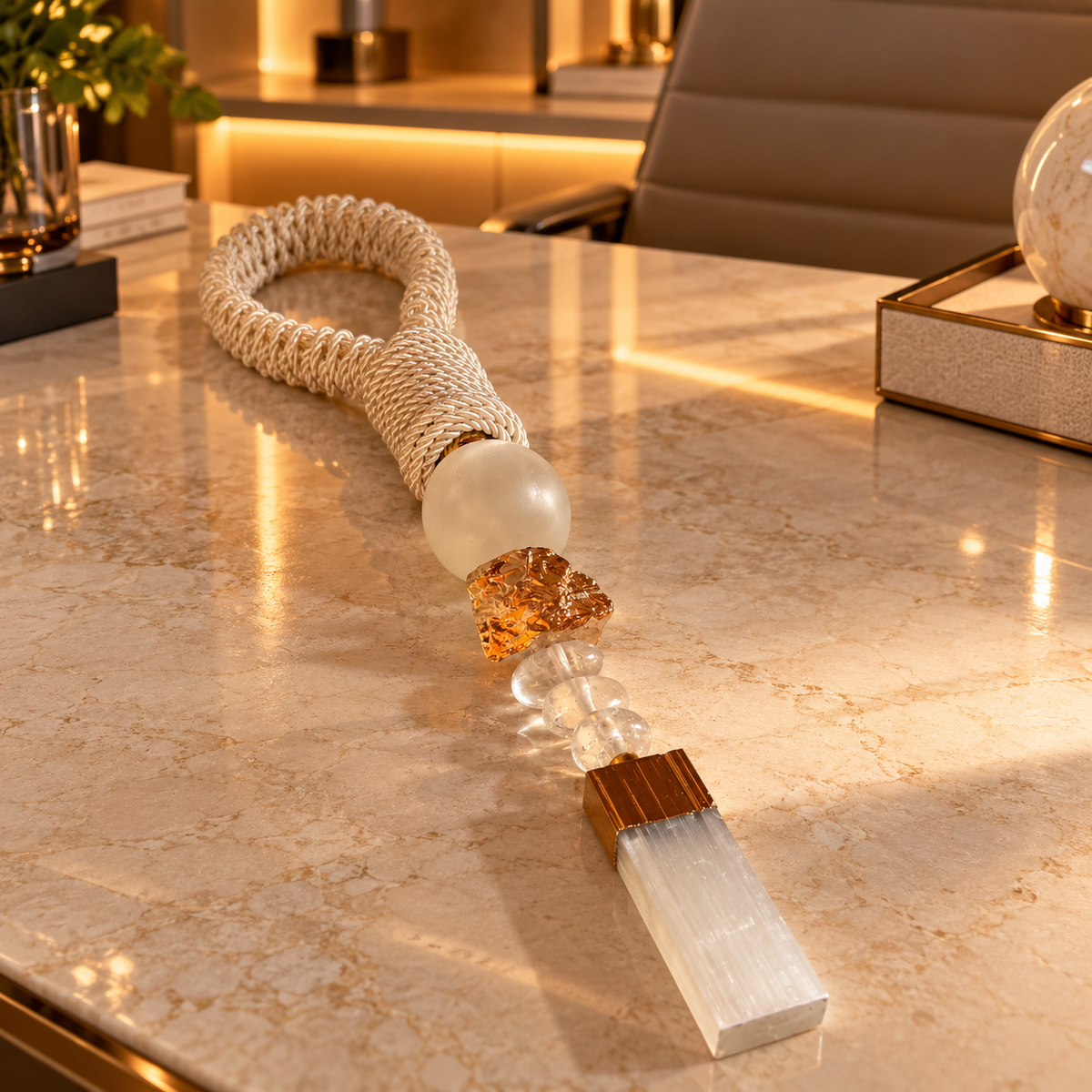 Colar de Mesa Bruna - Quartzo Branco com Selenita e medalha da Árvore da Família.