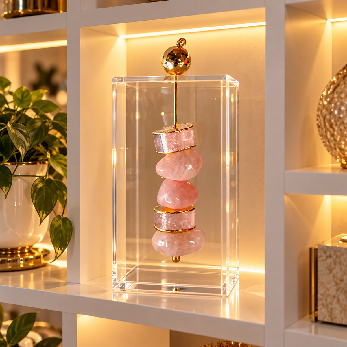 Caixa decorativa de acrílico de Quartzo Rosa e Selenita Banhada.