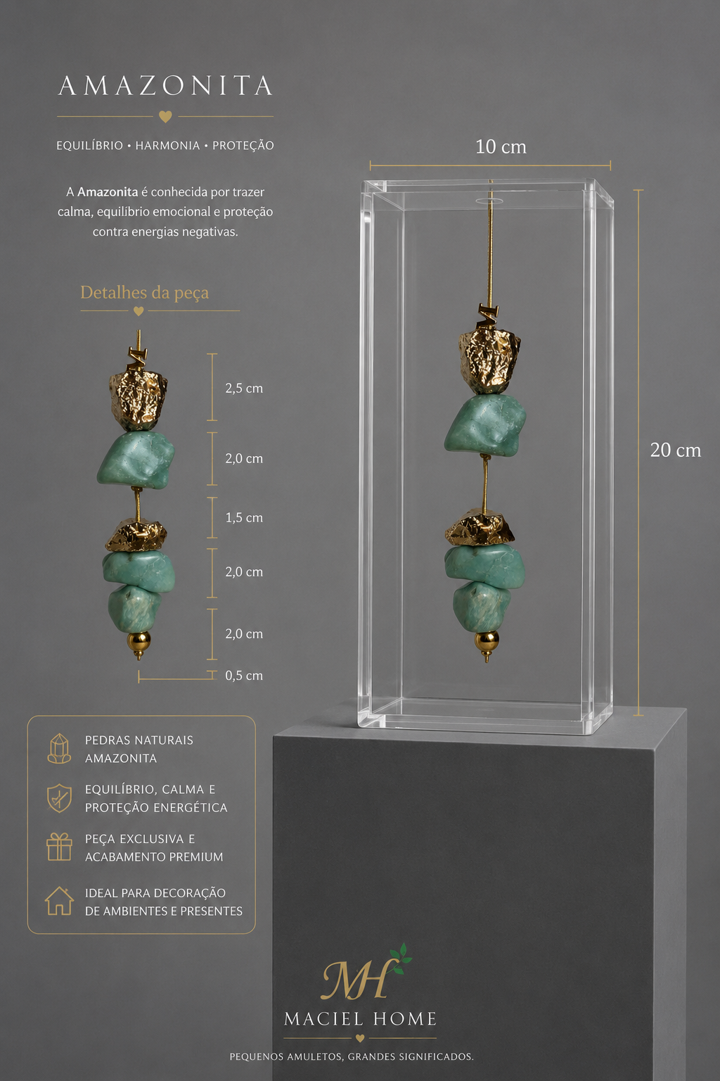 Caixa de Acrílico Decorativa Com Pedra Natural - Amazonita com dourado.