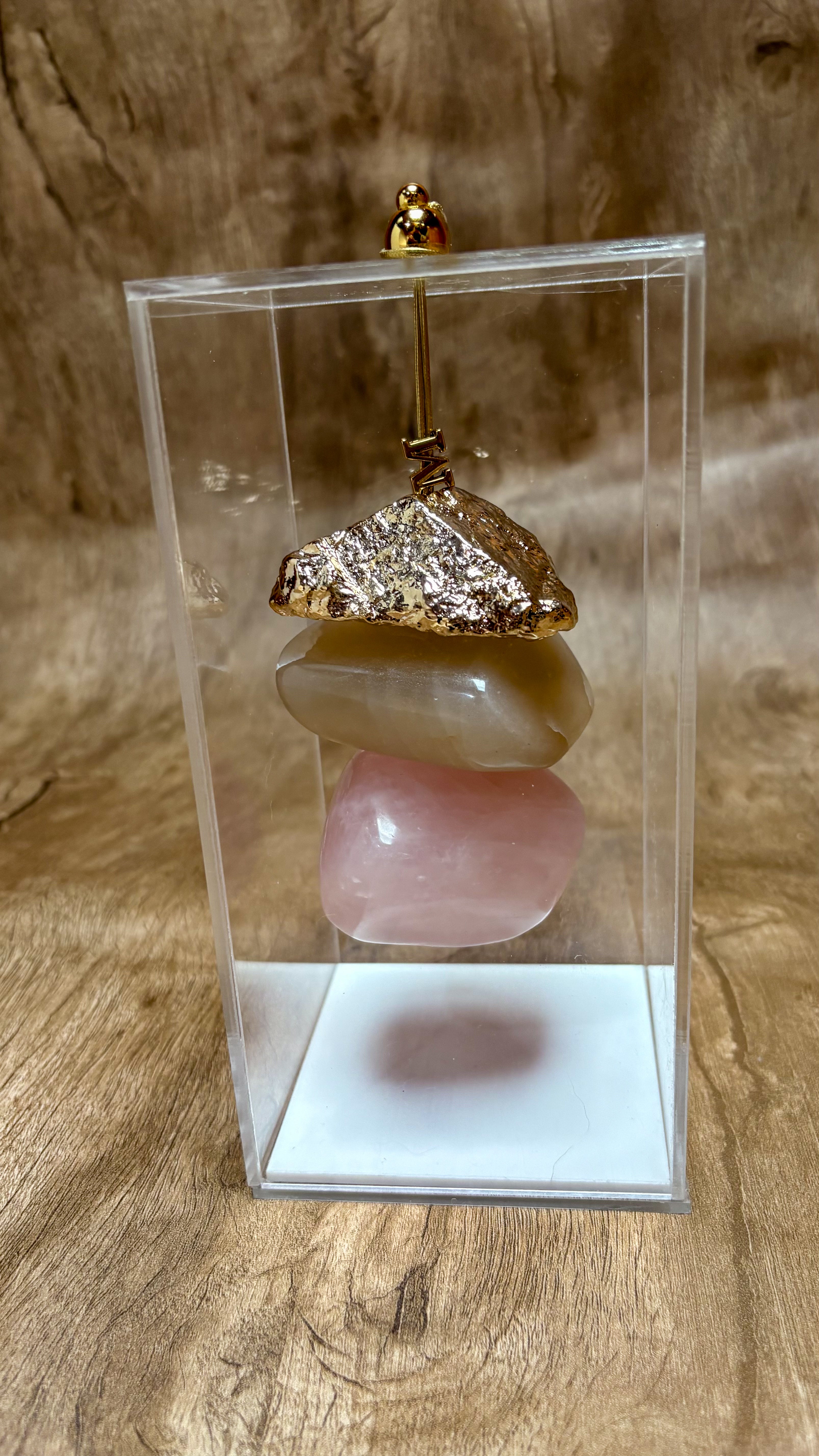 Caixa de Acrílico Decorativa Com Pedra Natural - Quartzo Rosa e Aragonita