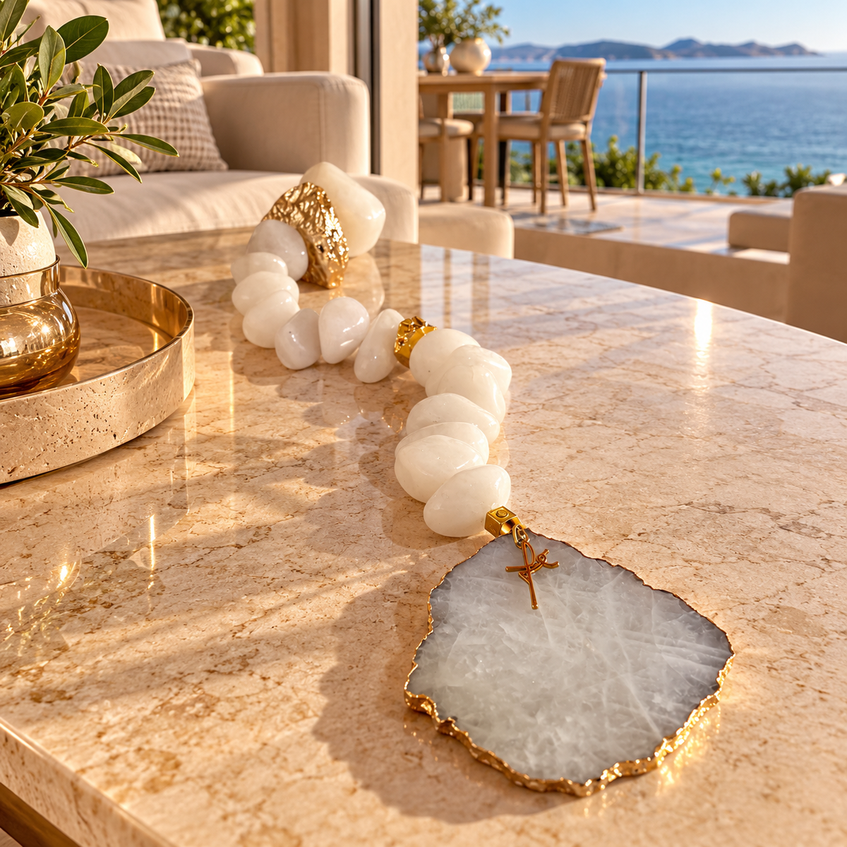 Colar de Mesa Fialho com pedras naturais - Quartzo Branco com Banhada e Pingente Fé.