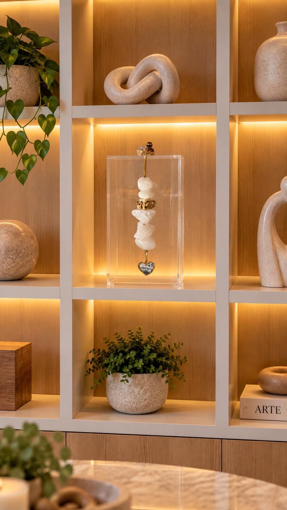 Caixa decorativa de acrílico de Quartzo Branco e Ponteira de Coração .