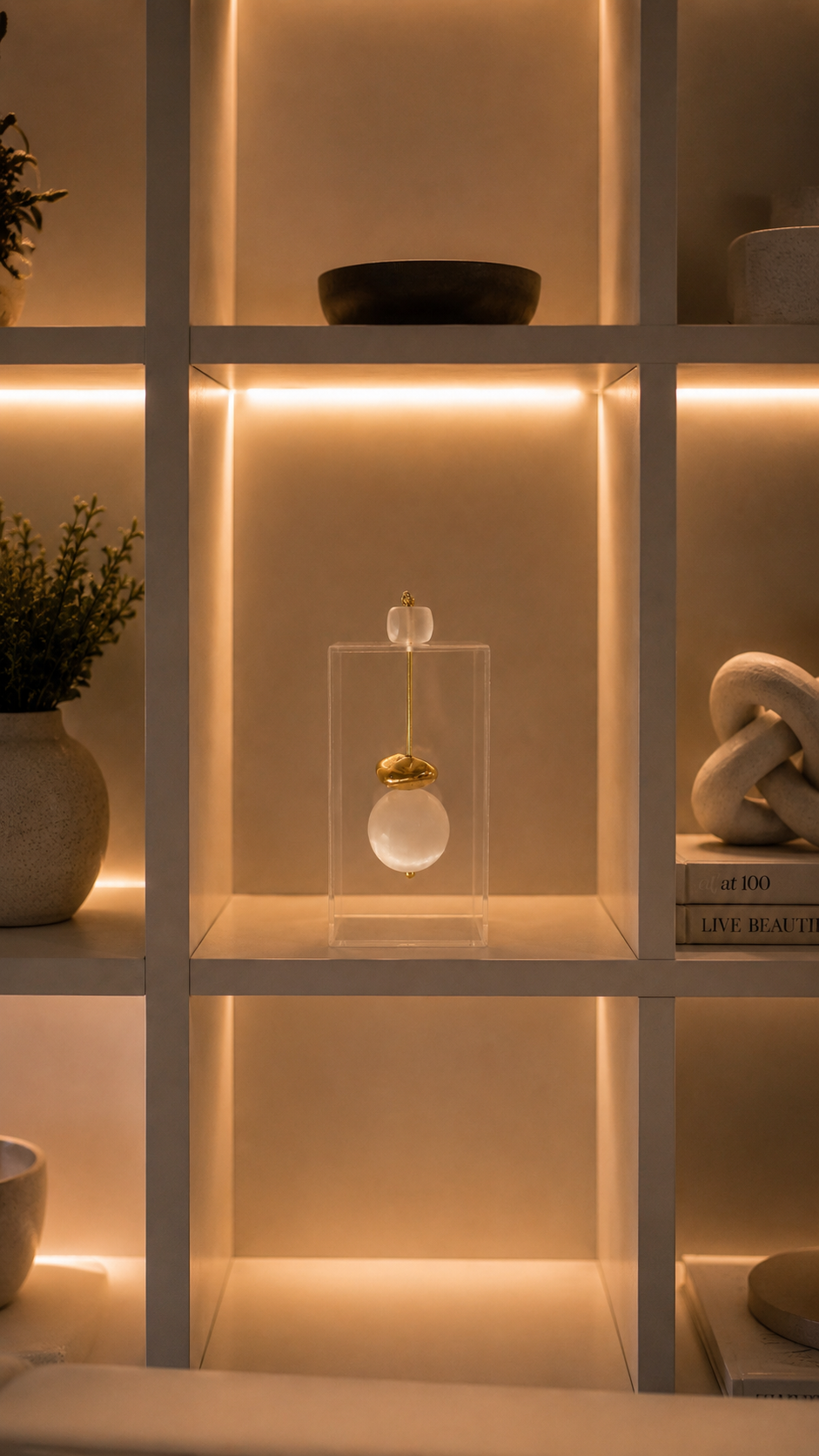 Caixa decorativa de acrílico de Esfera de Selenita e Banhada.