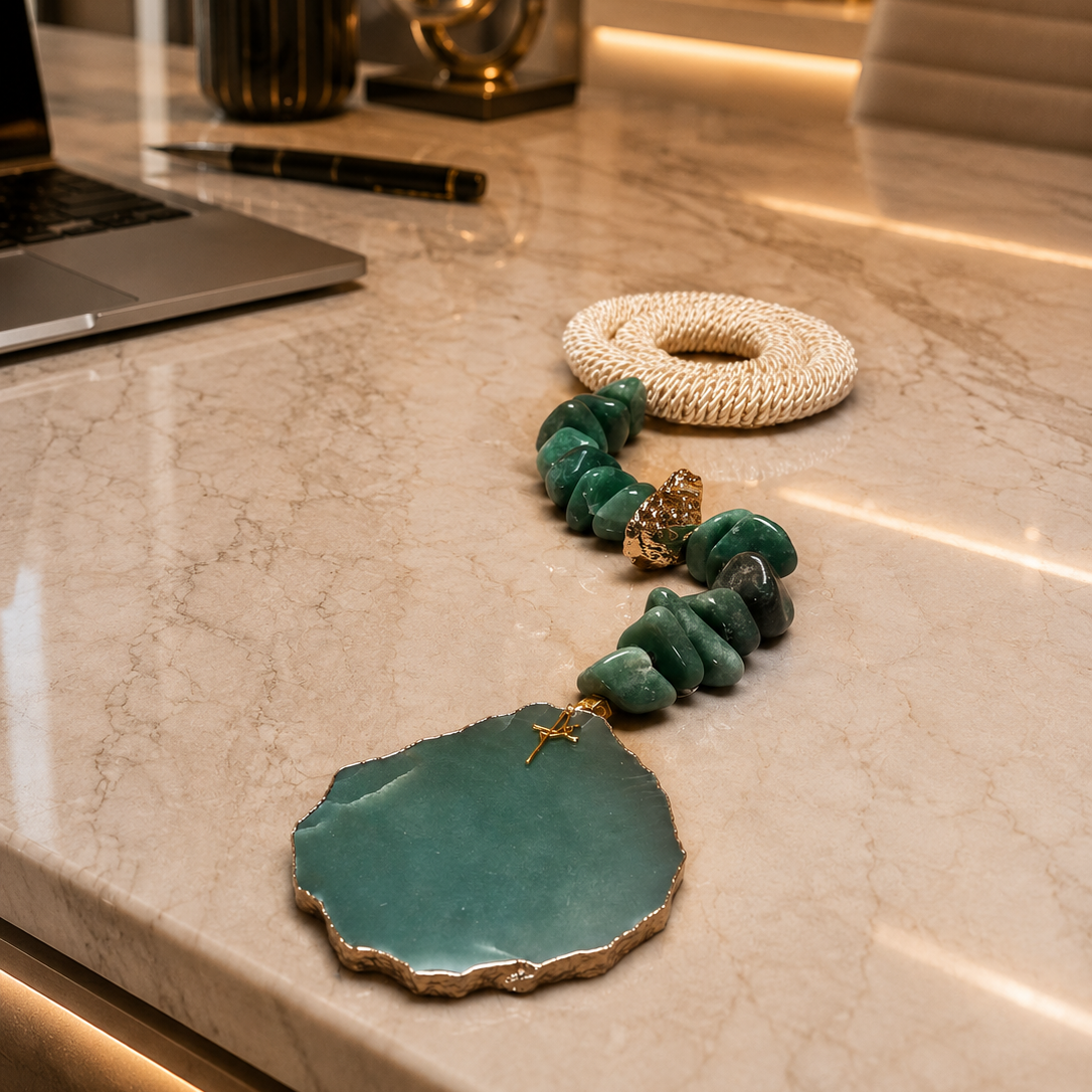 Colar de Mesa Fialho com pedras naturais - Quartzo verde com Macrame.