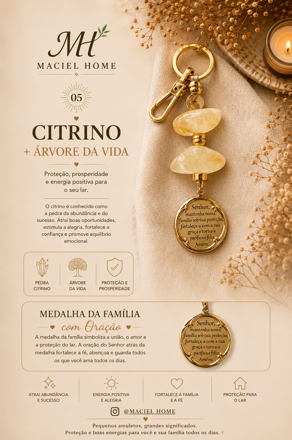 Amuleto de Proteção de Pedras Naturais - Citrino e Medalha da Família - Chaveiro