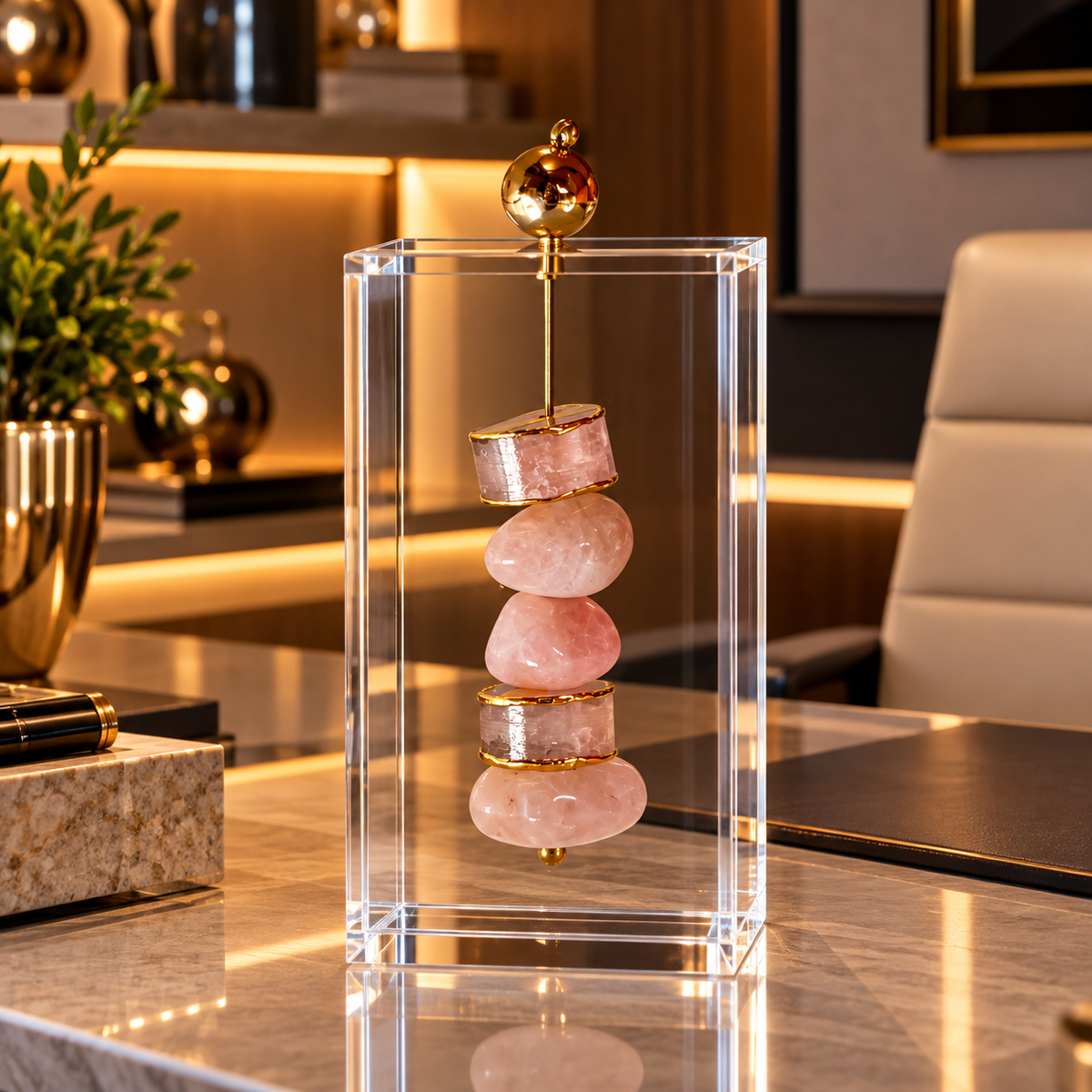 Caixa decorativa de acrílico de Quartzo Rosa e Selenita Banhada.