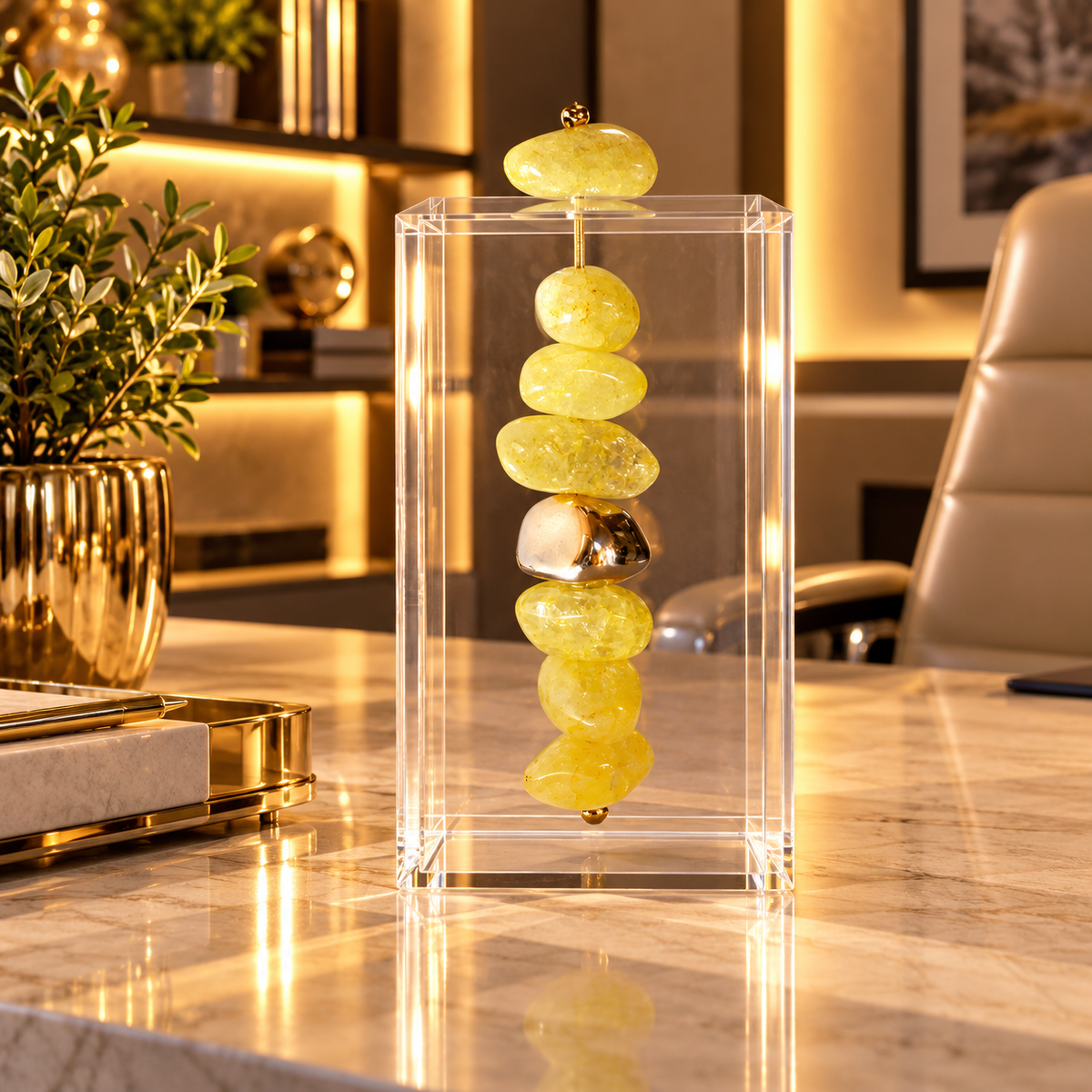 Caixa decorativa de acrílico de Cristal Amarelo e Pedra Banhada.