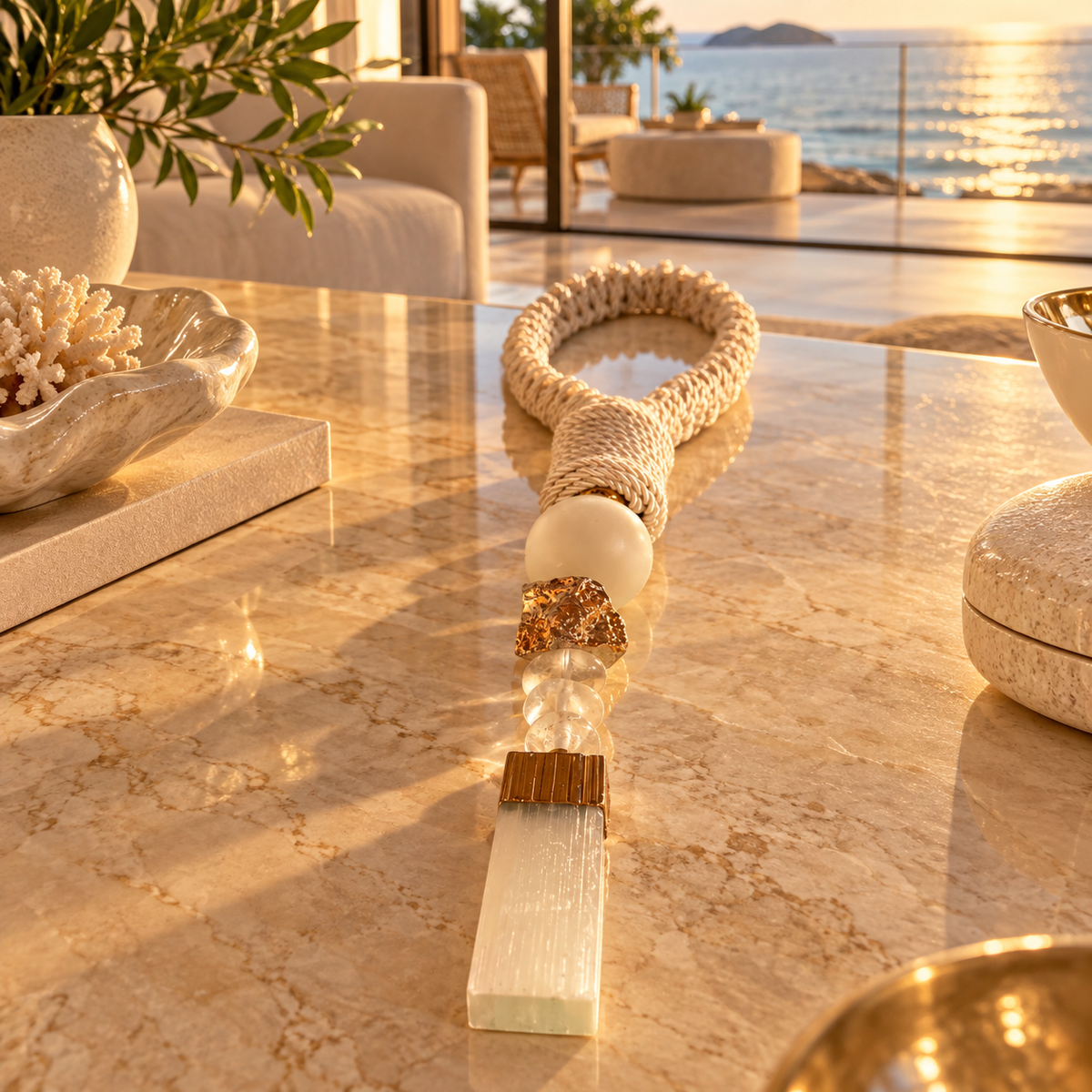 Colar de Mesa Bruna - Quartzo Branco com Selenita e medalha da Árvore da Família.
