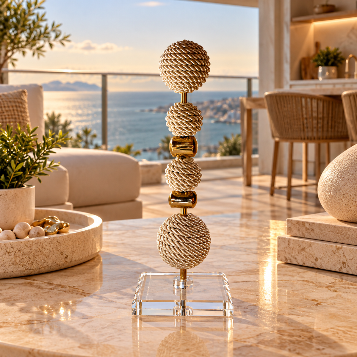 Escultura Decorativa de Esfera com fio de Macrame com Pedra Banhada.