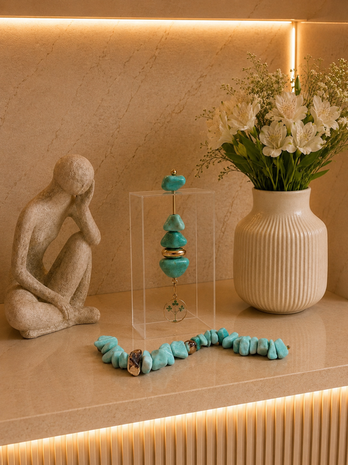 Caixa de Acrílico Decorativa Com Pedra Natural - Amazonita com pingente Árvore da Vida.