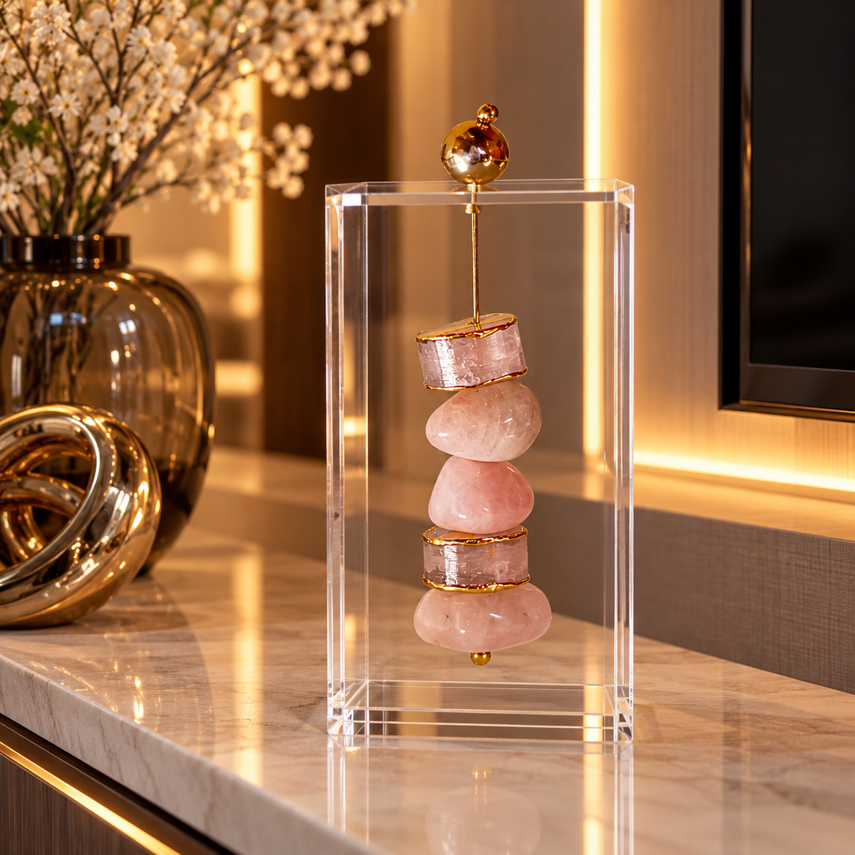 Caixa decorativa de acrílico de Quartzo Rosa e Selenita Banhada.
