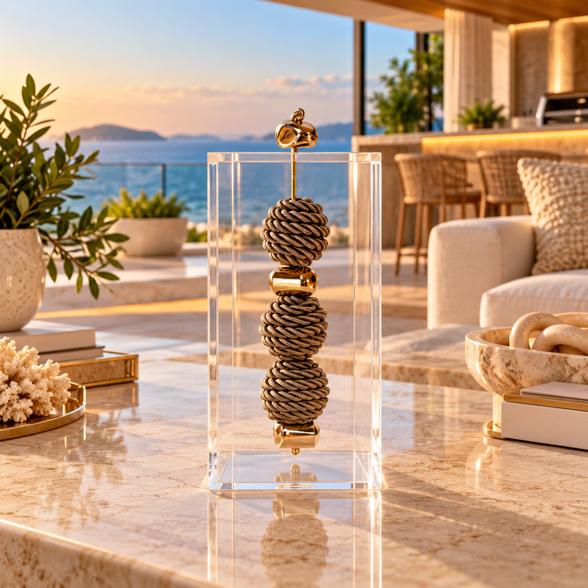 Caixa decorativa de acrílico de Esfera de Fio de Macrame e Pedra Banhada.