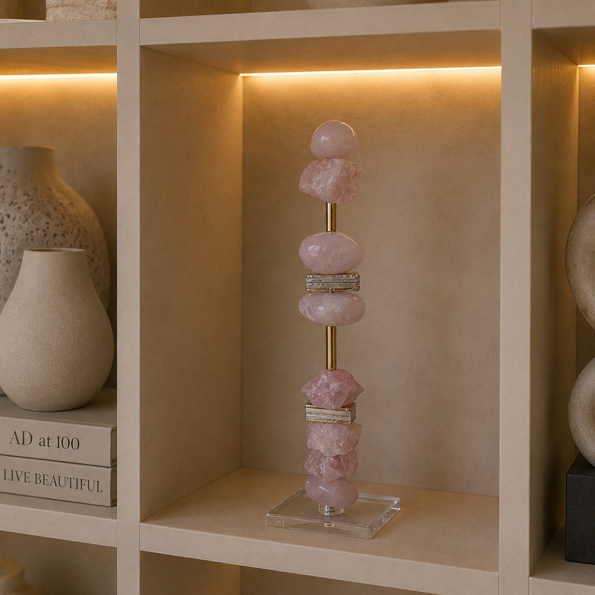 Escultura Decorativa - Quartzo Rosa e Pedra Banhada.