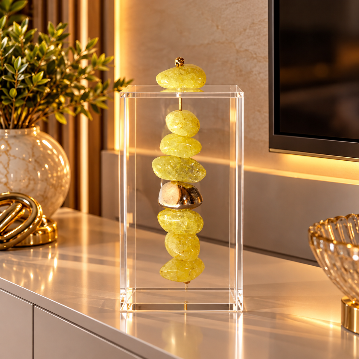 Caixa decorativa de acrílico de Cristal Amarelo e Pedra Banhada.