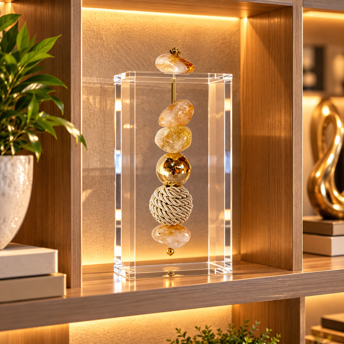 Caixa decorativa de acrílico de Citrino, Esfera Banhada e com Fio de Macrame.