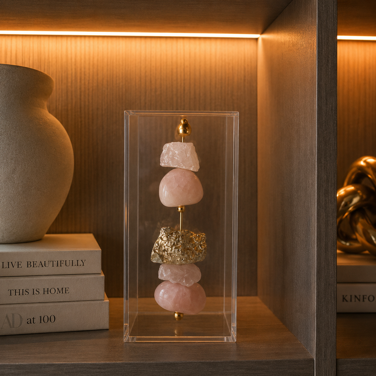 Caixa de Acrílico Decorativa Com Pedra Natural - Quartzo Rosa com Pedra Banhada.