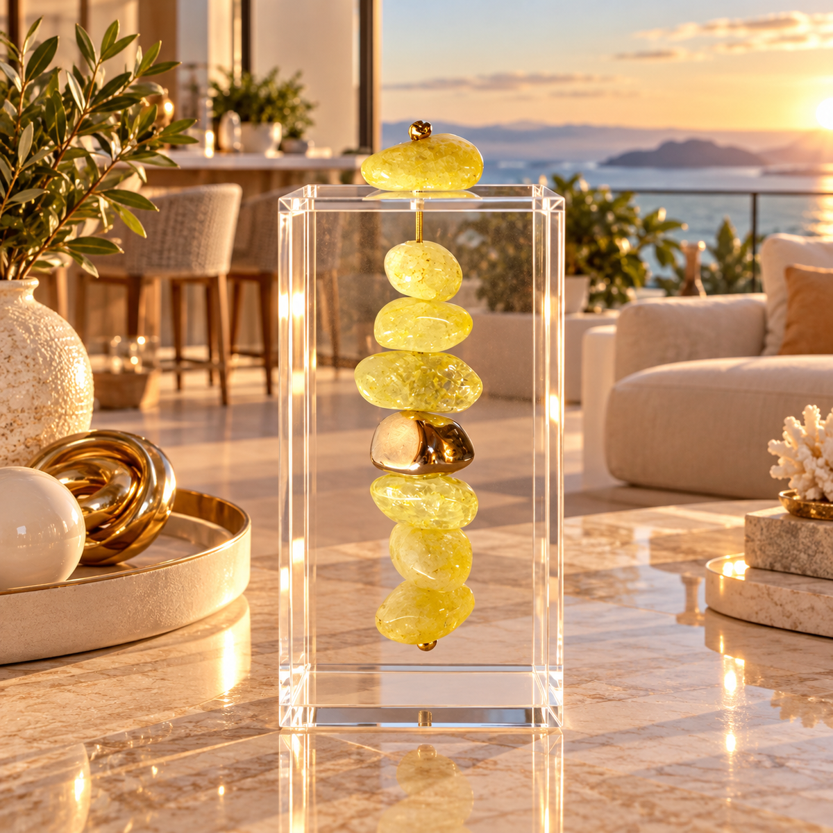 Caixa decorativa de acrílico de Cristal Amarelo e Pedra Banhada.