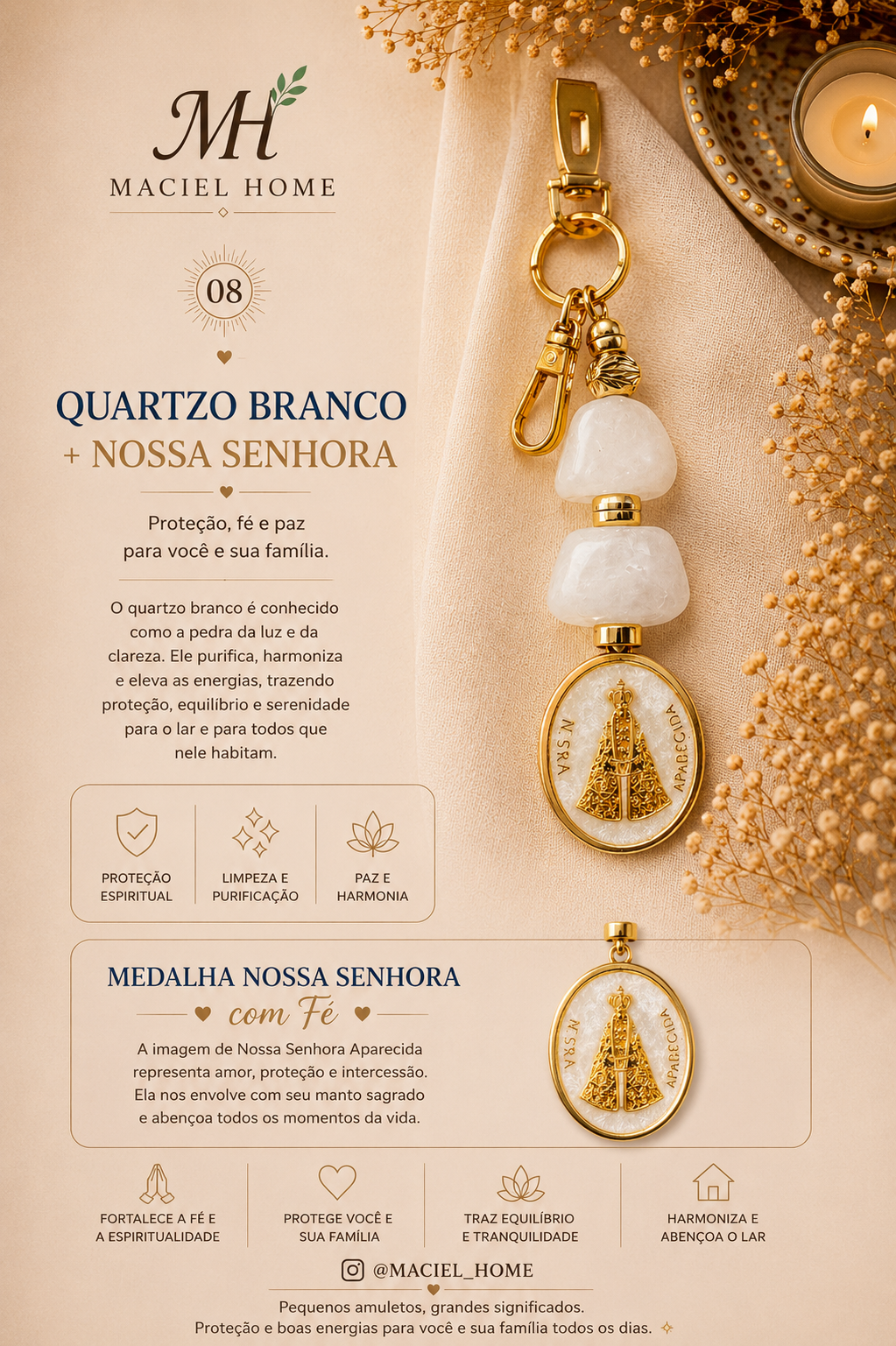 Amuleto Quartzo Branco - Proteção Nossa Senhora - Chaveiro