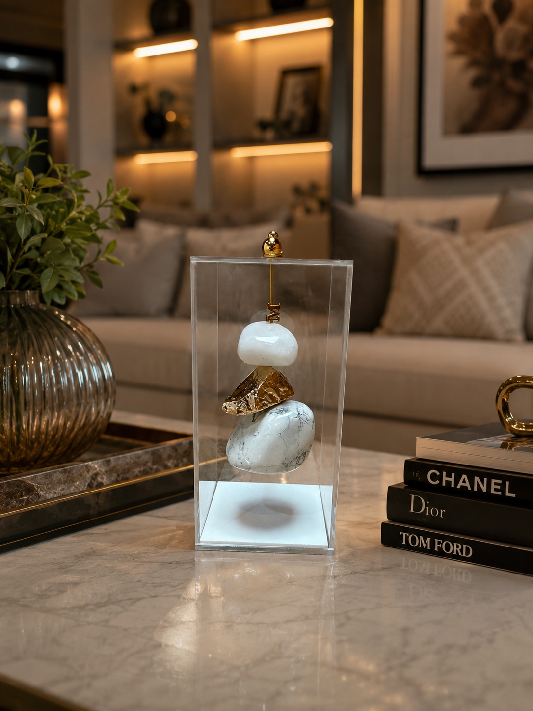Caixa de Acrílico Decorativa Com Pedra Natural - Howlita com Quartzo Branco.