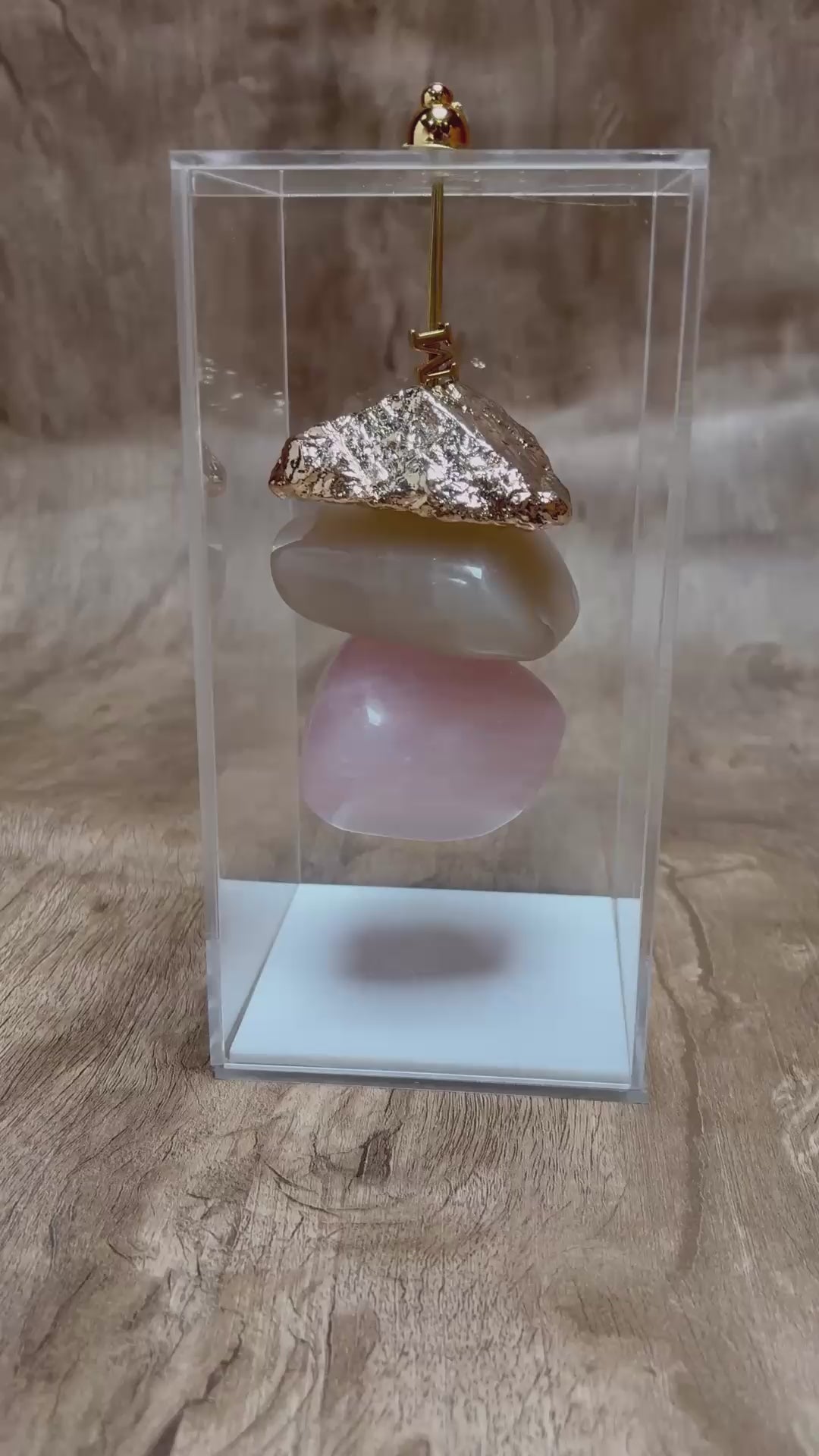 Caixa de Acrílico Decorativa Com Pedra Natural - Quartzo Rosa e Aragonita
