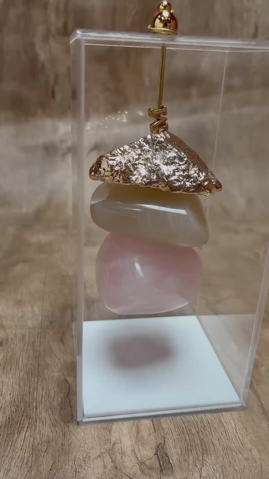 Caixa de Acrílico Decorativa Com Pedra Natural - Quartzo Rosa e Aragonita