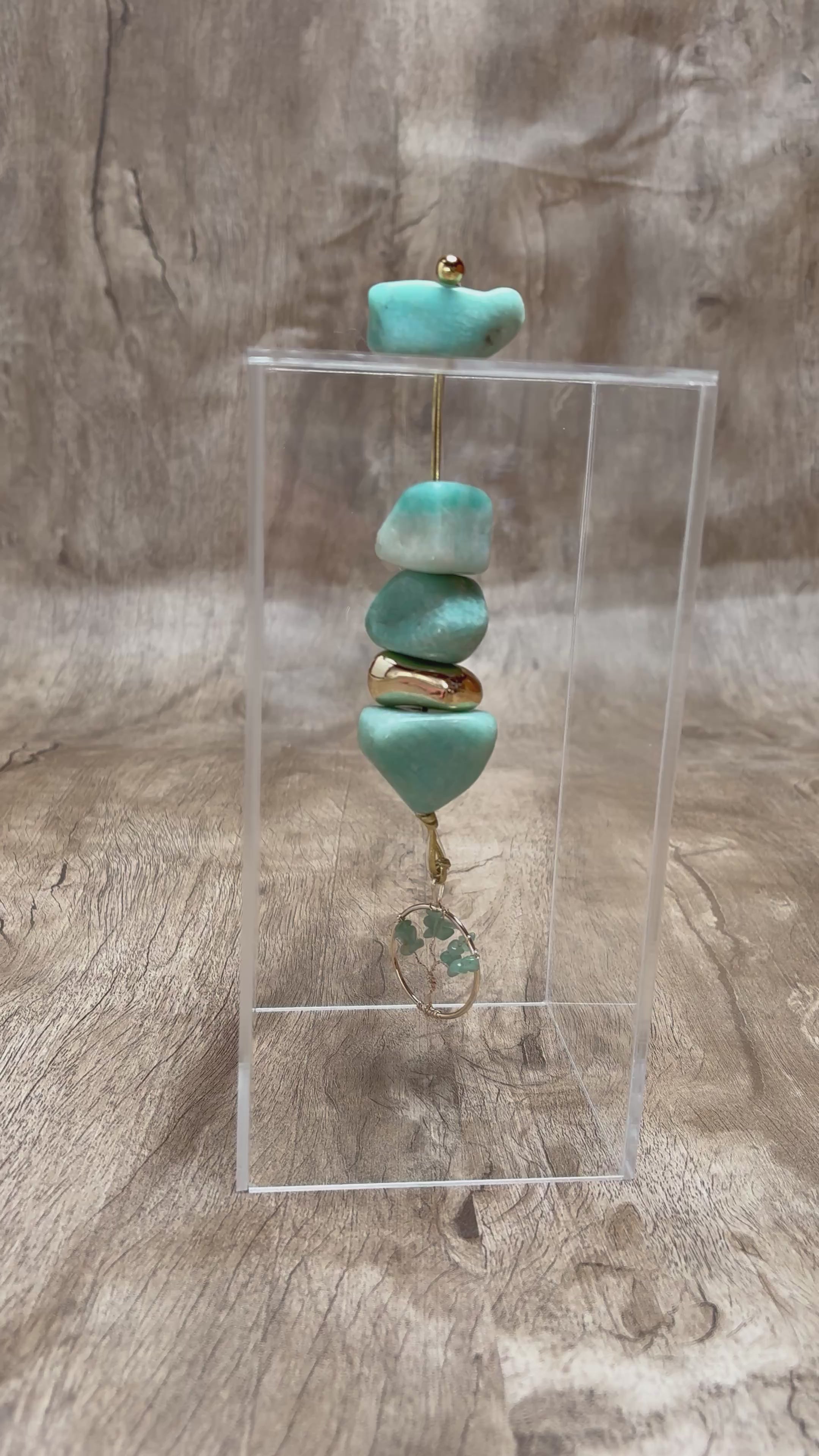 Caixa de Acrílico Decorativa Com Pedra Natural - Amazonita com pingente Árvore da Vida.